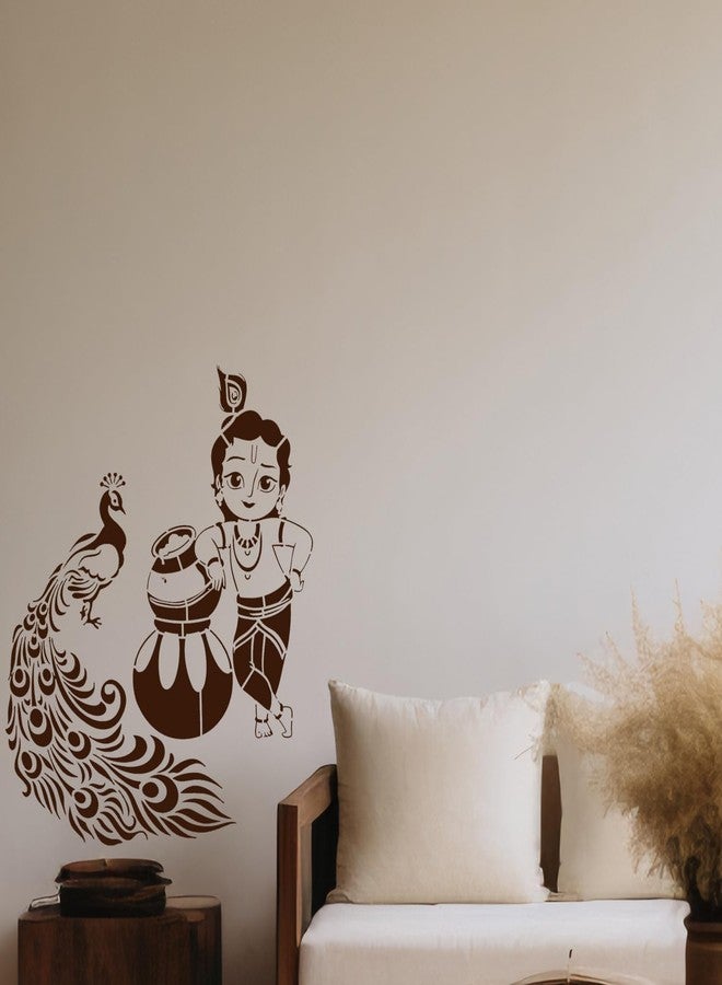 ARandNJ Theme- Peacock Bird & Natkhat Krishna Print DIY Reusable Design Ideal for Kids Room, Entrance, Bedroom Decoration Modern Pattern Home Wall Stencil (Pack of 2, Stencils for Wall Painting) - Image 1